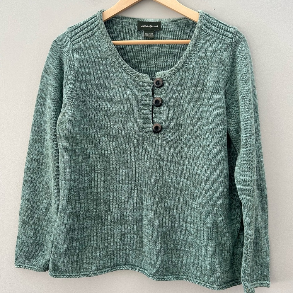 Vintage Eddie Bauer Marled Heavy Weight Knit CabinCore Button Neck Sweater - Picture 2 of 6